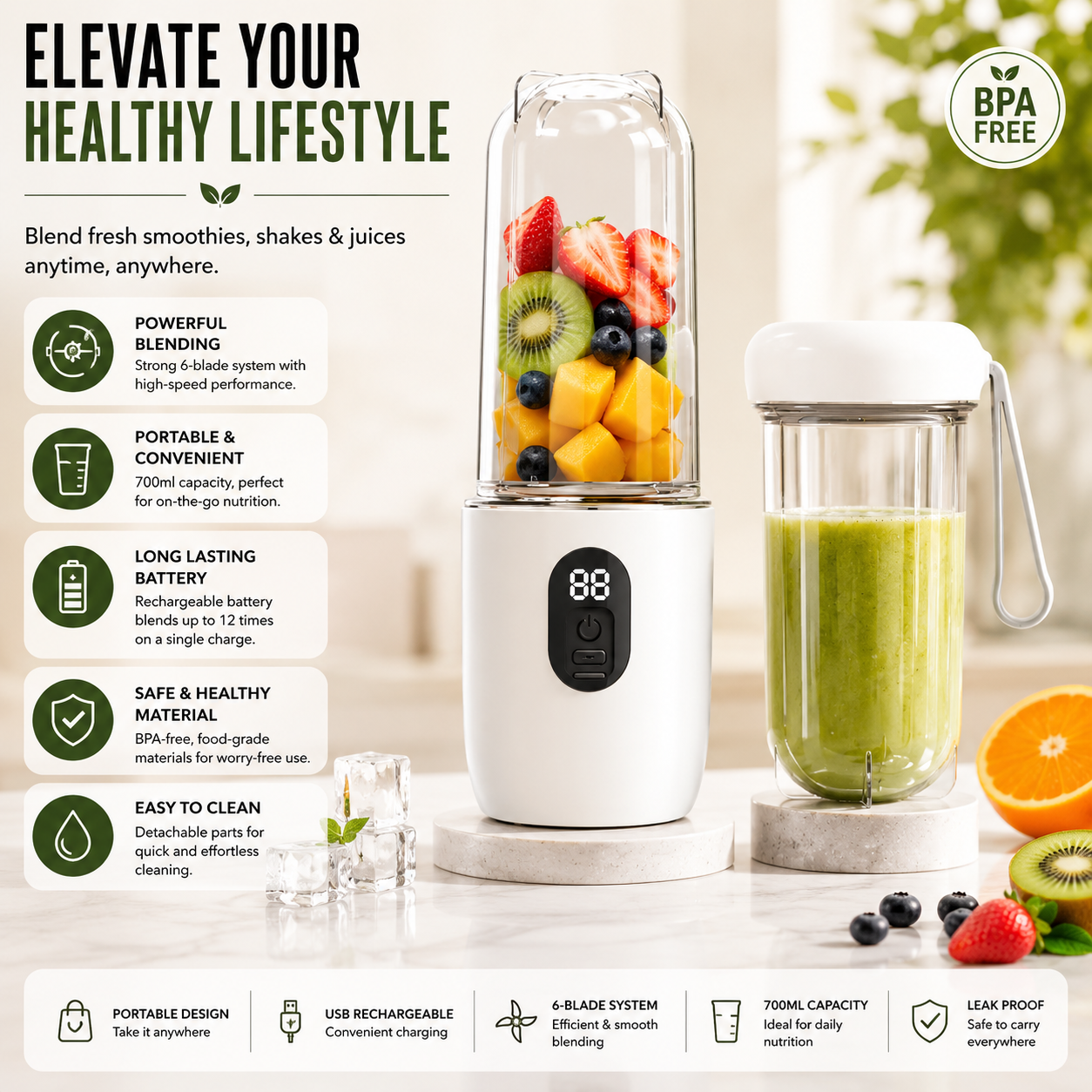 BlendGo™ Portable Juicer Blender – 500ml USB Rechargeable Smoothie Maker