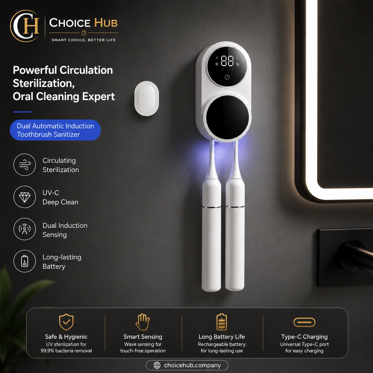 Smart UV Toothbrush Sterilizer Case – Portable Rechargeable Travel Sanitizer