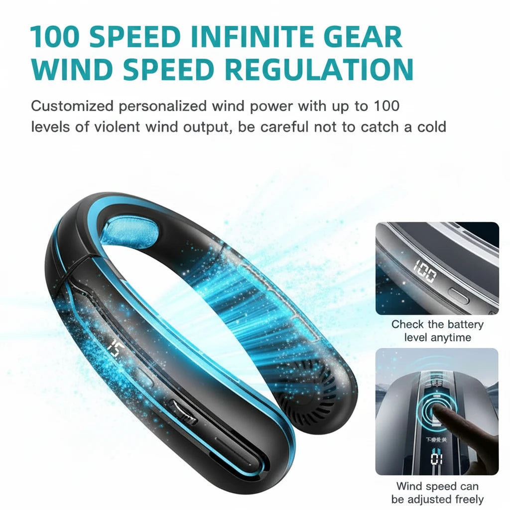 ArcticFlow™ 8000mAh Smart Neck Fan – 100-Speed Bladeless Cooling